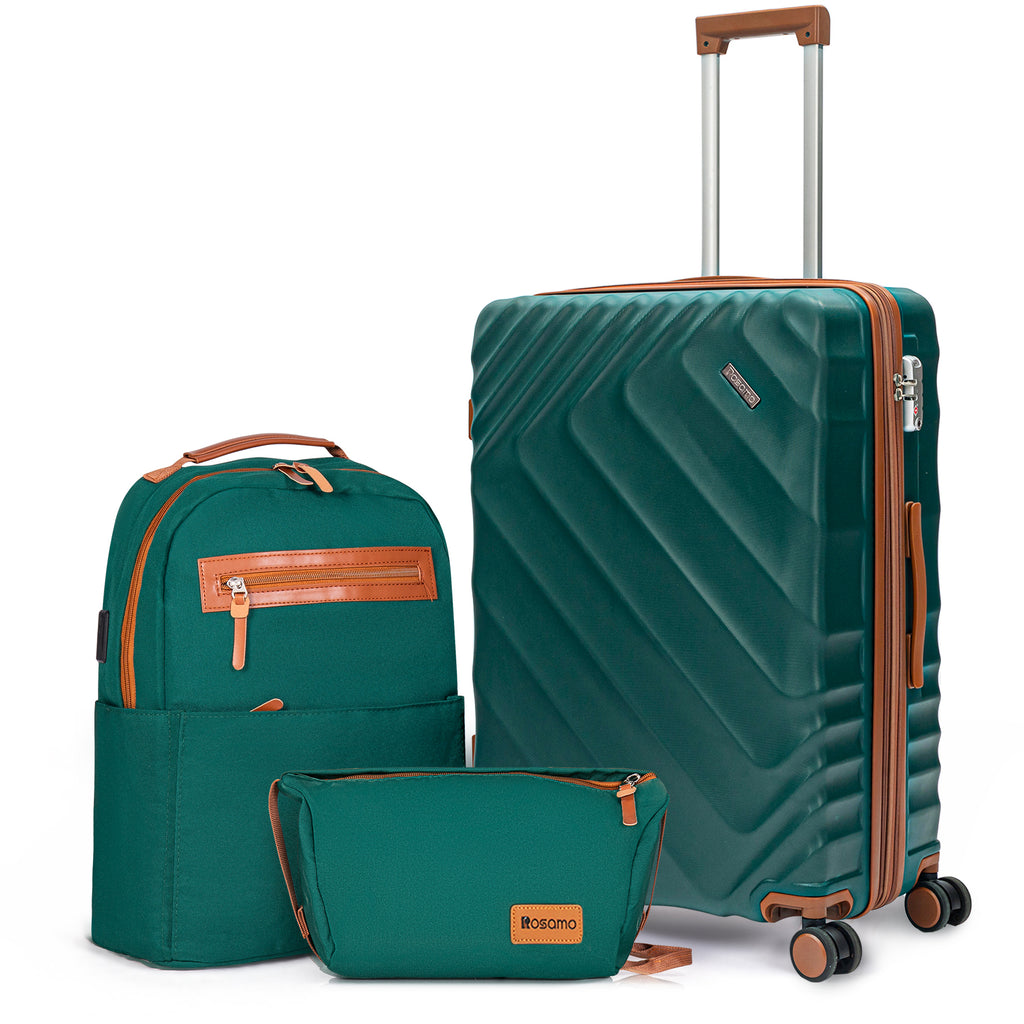 Rosamo 3-Piece 20 inch Hardside Luggage Set, Carry on Suitcase with Spinner Wheels & TSA Lock, Travel Backpack with USB & Type-C Charging Port, Toiletry Bag, Dark Green