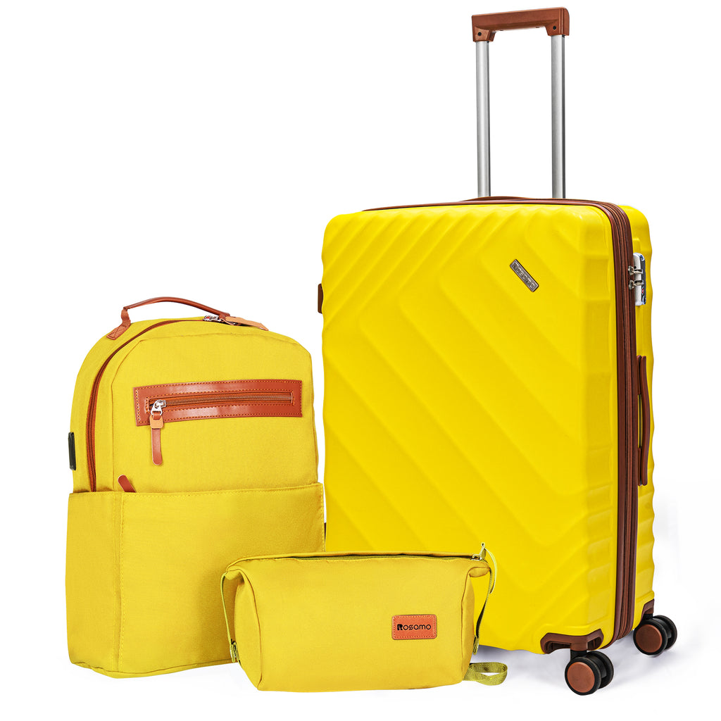 Rosamo 3-Piece 20 inch Hardside Luggage Set, Carry on Suitcase with Spinner Wheels & TSA Lock, Travel Backpack with USB & Type-C Charging Port, Toiletry Bag, Yellow