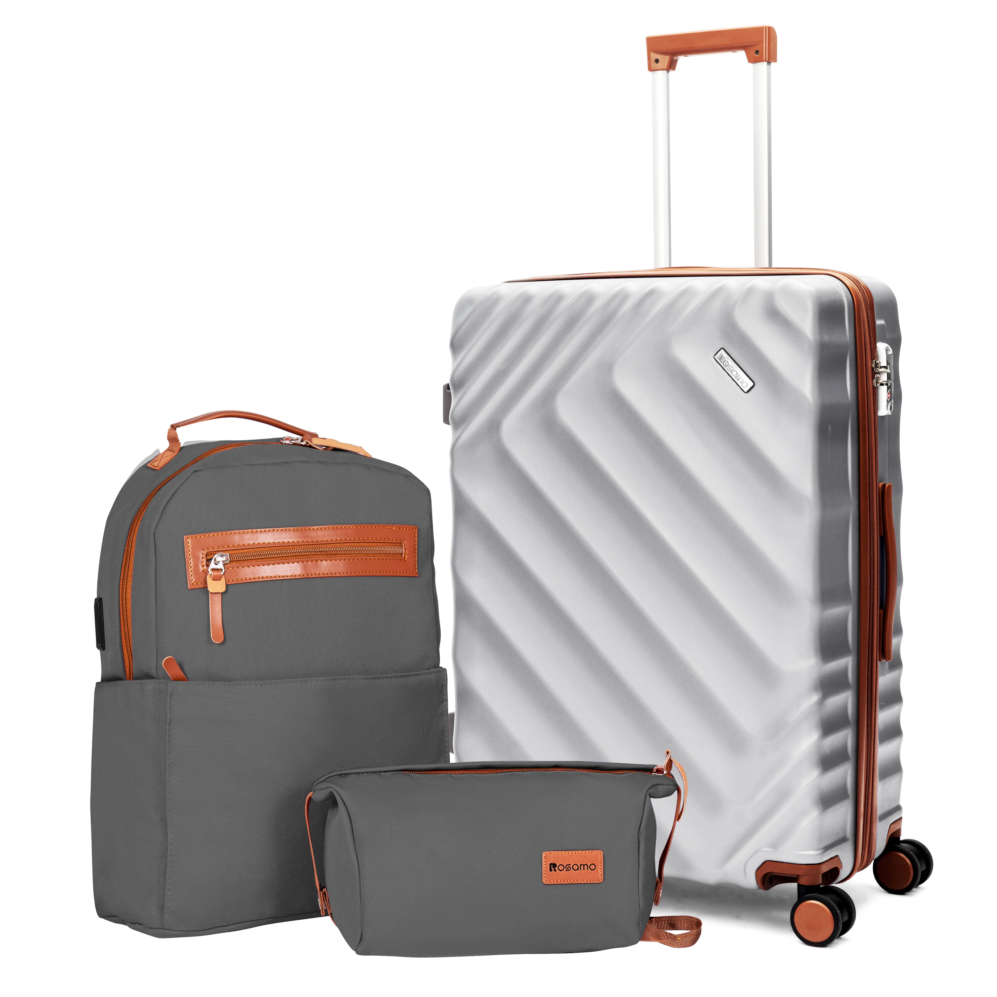 Rosamo 3-Piece 20 inch Hardside Luggage Set, Carry on Suitcase with Spinner Wheels & TSA Lock, Travel Backpack with USB & Type-C Charging Port, Toiletry Bag, Silver