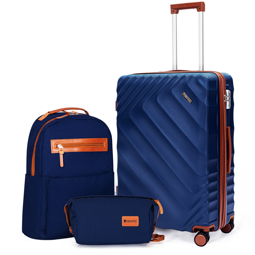 Rosamo 3-Piece 20 inch Hardside Luggage Set, Carry on Suitcase with Spinner Wheels & TSA Lock, Travel Backpack with USB & Type-C Charging Port, Toiletry Bag, Dark Blue