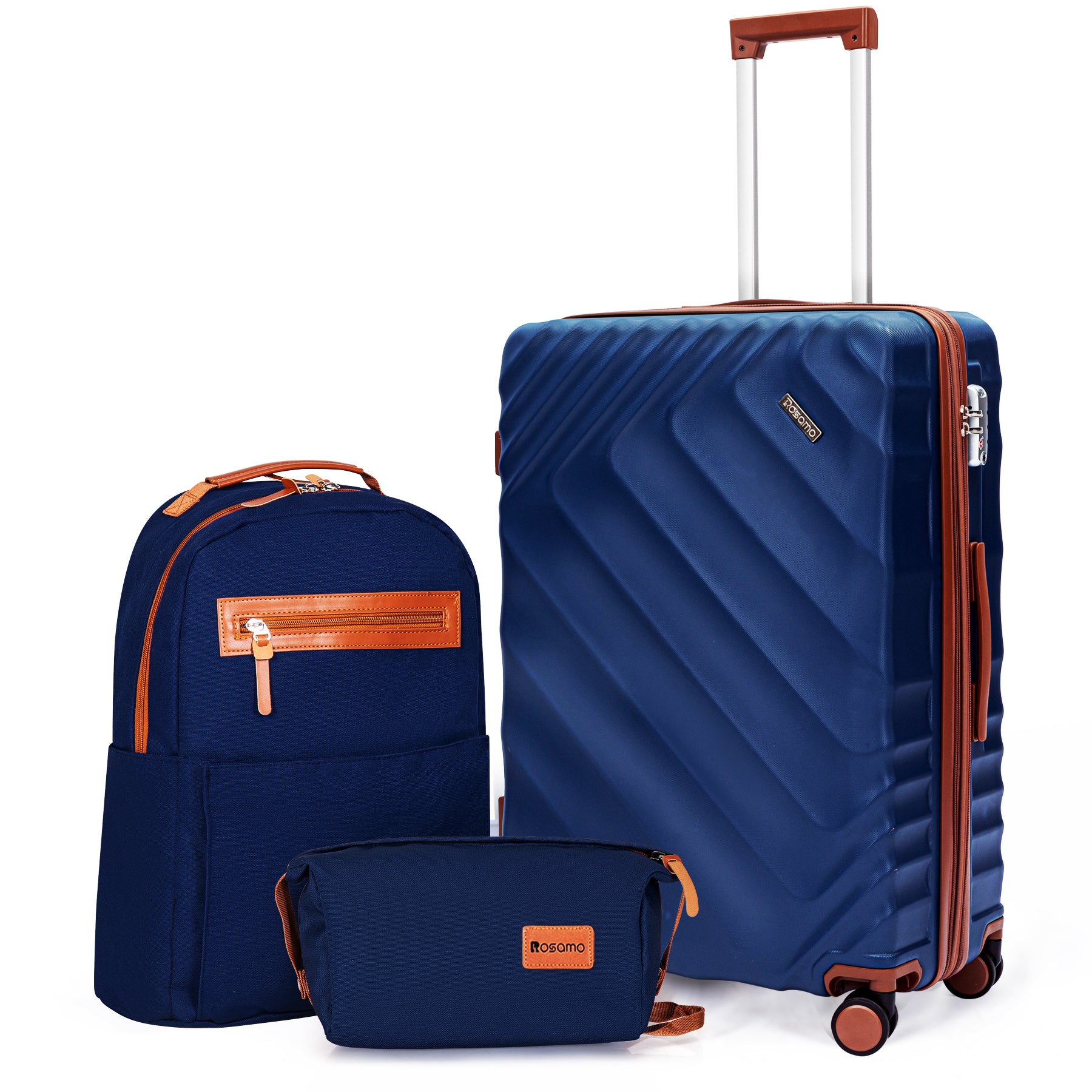 Rosamo 3-Piece 20 inch Hardside Luggage Set, Carry on Suitcase with Spinner Wheels & TSA Lock, Travel Backpack with USB & Type-C Charging Port, Toiletry Bag, Dark Blue
