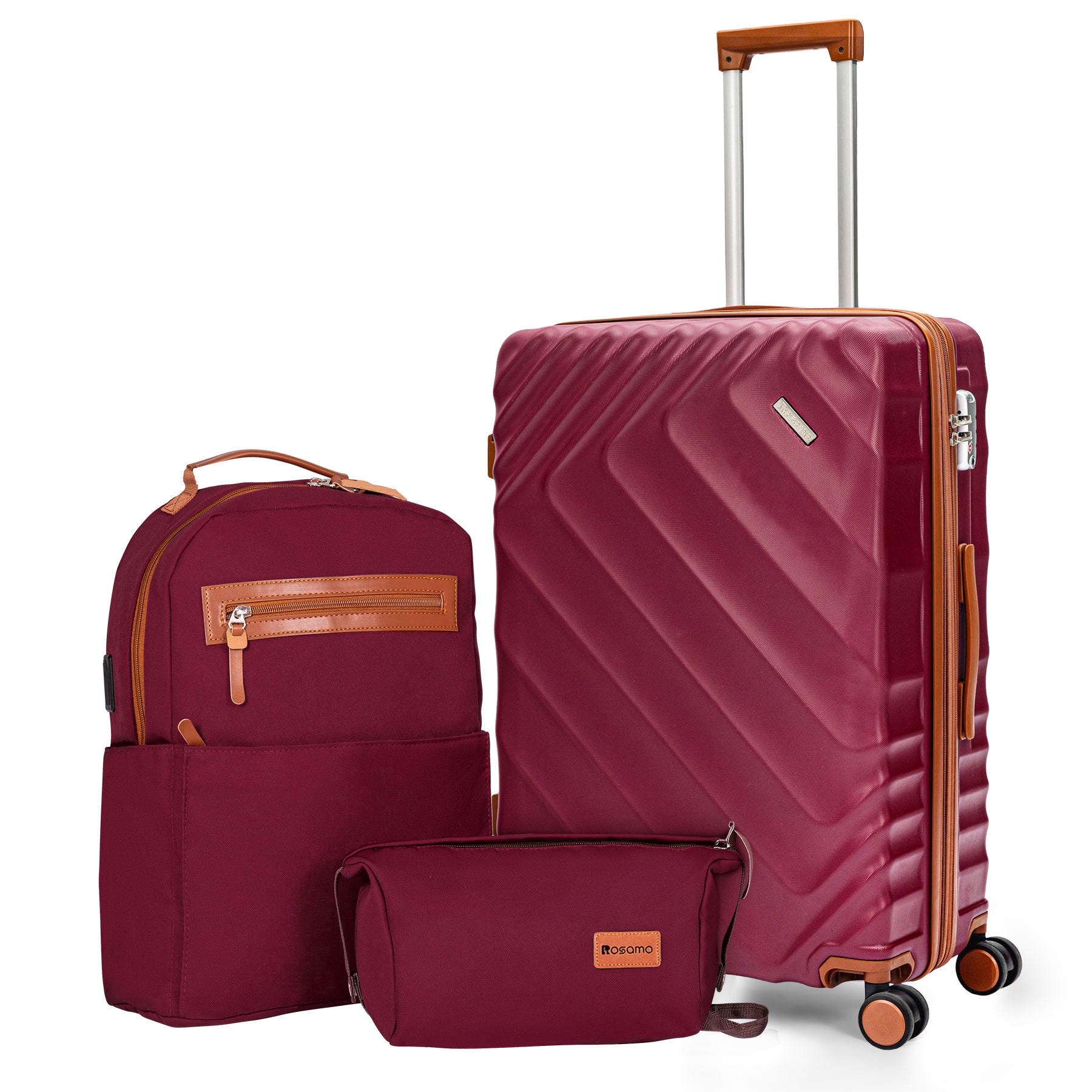 Rosamo 3-Piece 20 inch Hardside Luggage Set, Carry on Suitcase with Spinner Wheels & TSA Lock, Travel Backpack with USB & Type-C Charging Port, Toiletry Bag, Red