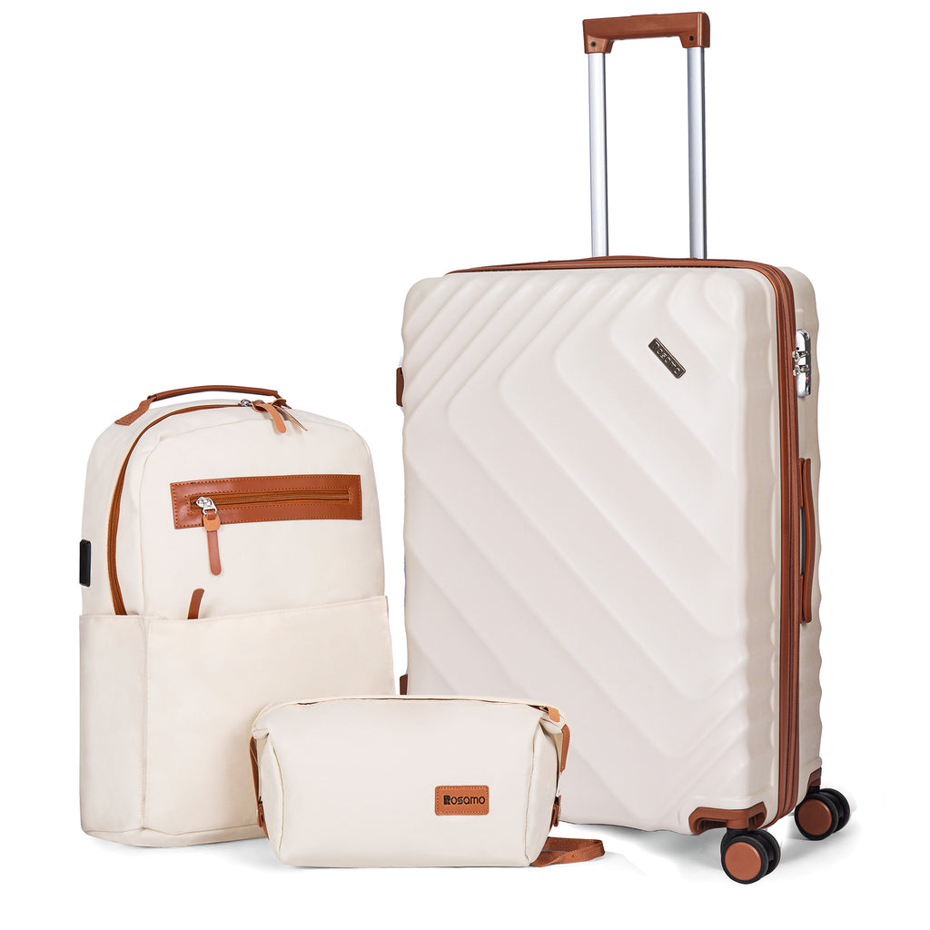 Rosamo 3-Piece 20 inch Hardside Luggage Set, Carry on Suitcase with Spinner Wheels & TSA Lock, Travel Backpack with USB & Type-C Charging Port, Toiletry Bag, Beige