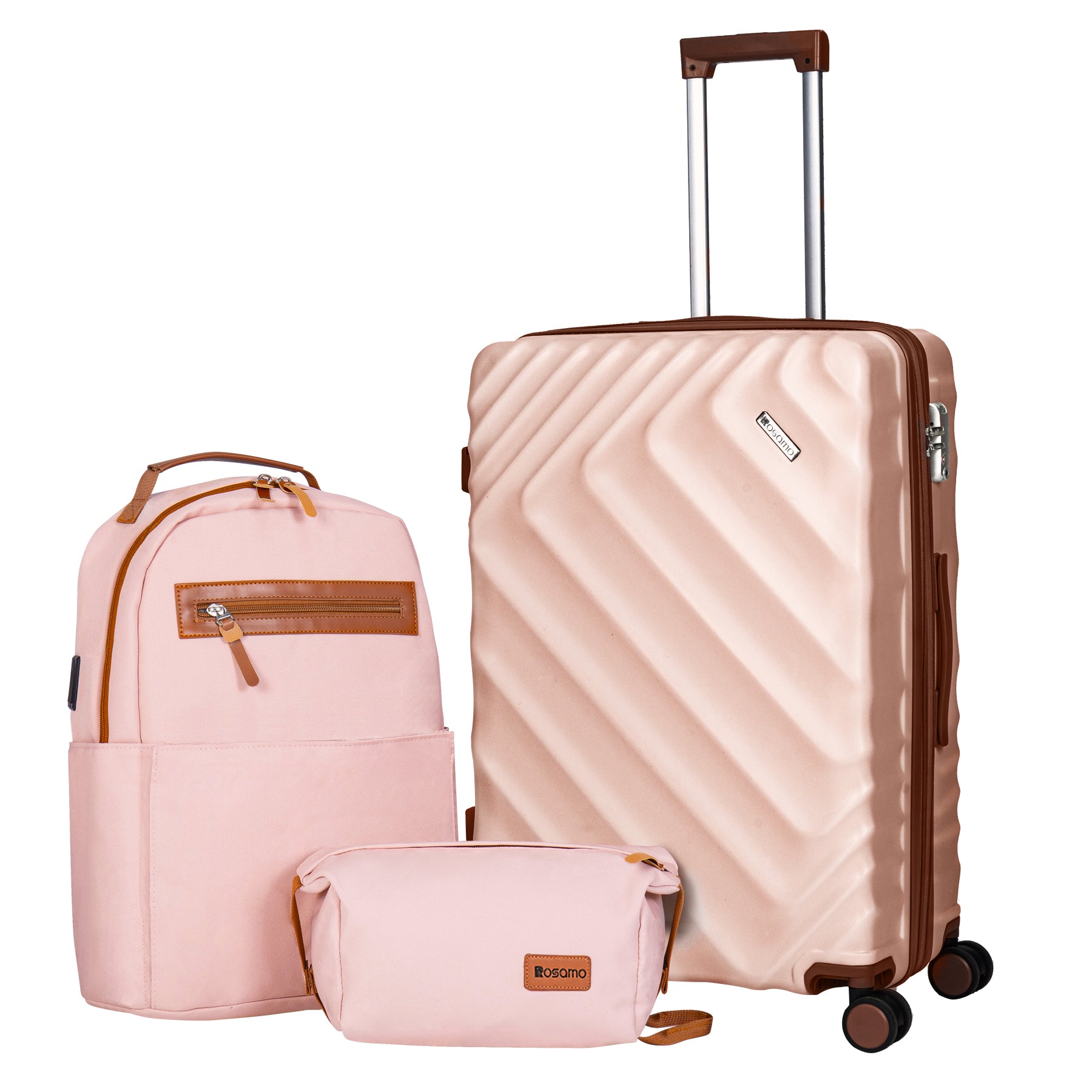 Rosamo 3-Piece 20 inch Hardside Luggage Set, Carry on Suitcase with Spinner Wheels & TSA Lock, Travel Backpack with USB & Type-C Charging Port, Toiletry Bag, Pink