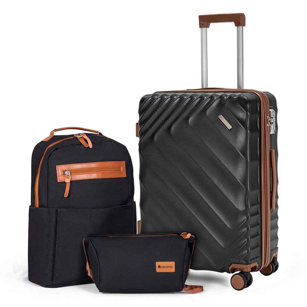 Rosamo 3-Piece 20 inch Hardside Luggage Set, Carry on Suitcase with Spinner Wheels & TSA Lock, Travel Backpack with USB & Type-C Charging Port, Toiletry Bag, Black