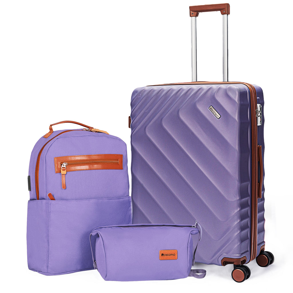 Rosamo 3-Piece 20 inch Hardside Luggage Set, Carry on Suitcase with Spinner Wheels & TSA Lock, Travel Backpack with USB & Type-C Charging Port, Toiletry Bag, Purple