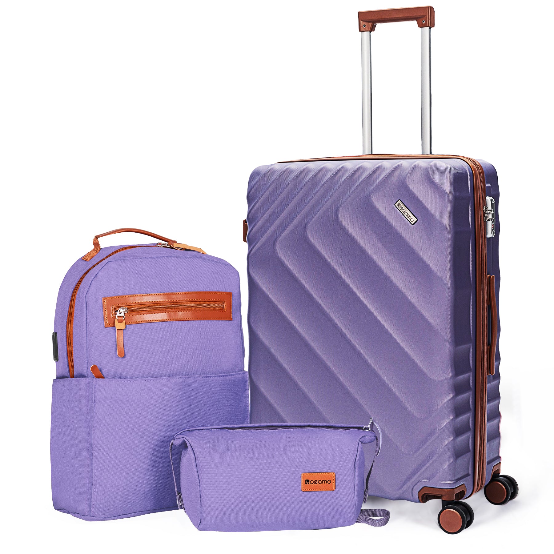Rosamo 3-Piece 20 inch Hardside Luggage Set, Carry on Suitcase with Spinner Wheels & TSA Lock, Travel Backpack with USB & Type-C Charging Port, Toiletry Bag, Purple