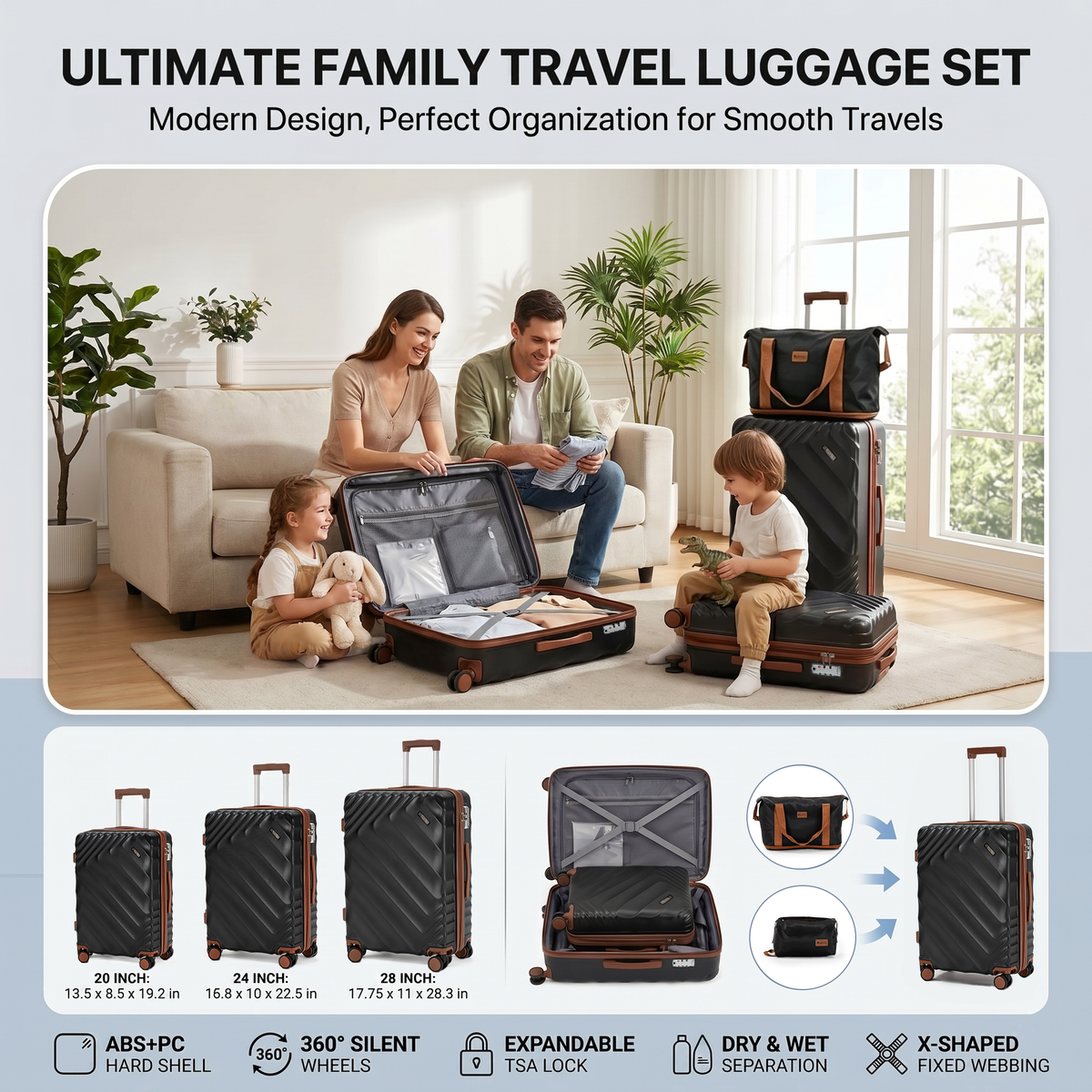 Rosamo 6 Piece Hardshell Luggage Set, Lightweight Expandable Suitcases with Spinner Wheels, TSA Lock, Durable ABS Luggage Sets for Travel,Black