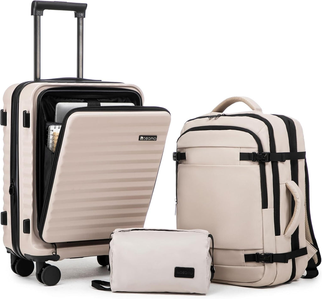 Rosamo 3-Piece Luggage Set, 20" Front Open Carry-on Hardside Suitcase with Spinner Wheels, Travel Backpack & Toiletry Bag,Expandable Luggage for Business & Trips,Beige