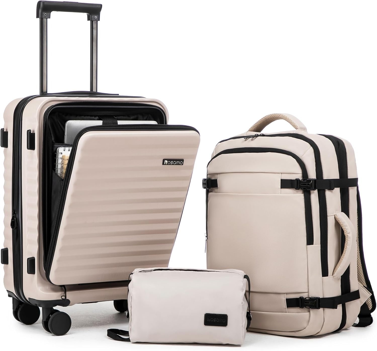 Rosamo 3-Piece Luggage Set, 20" Front Open Carry-on Hardside Suitcase with Spinner Wheels, Travel Backpack & Toiletry Bag,Expandable Luggage for Business & Trips,Beige