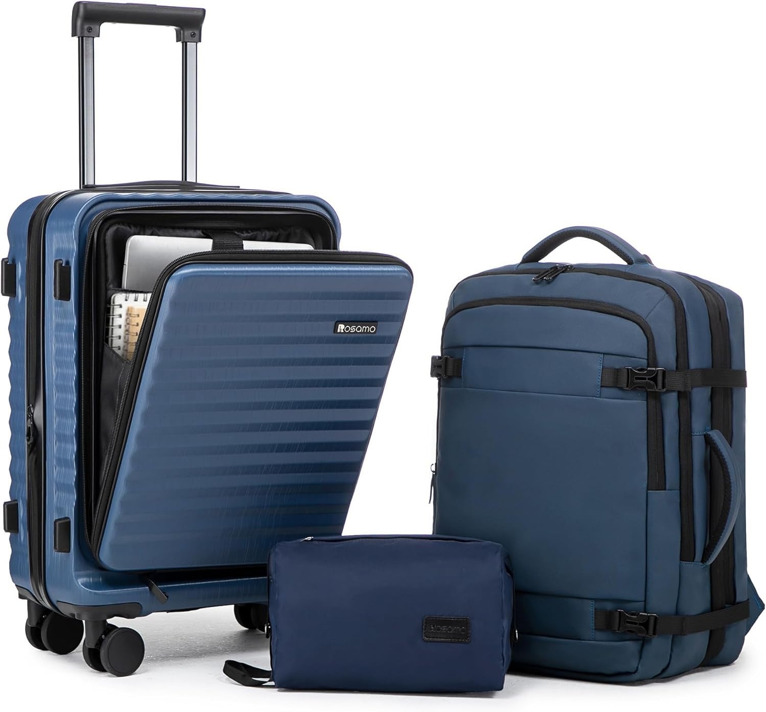 Rosamo 3-Piece Luggage Set, 20" Front Open Carry-on Hardside Suitcase with Spinner Wheels, Travel Backpack & Toiletry Bag,Expandable Luggage for Business & Trips,DarkBlue
