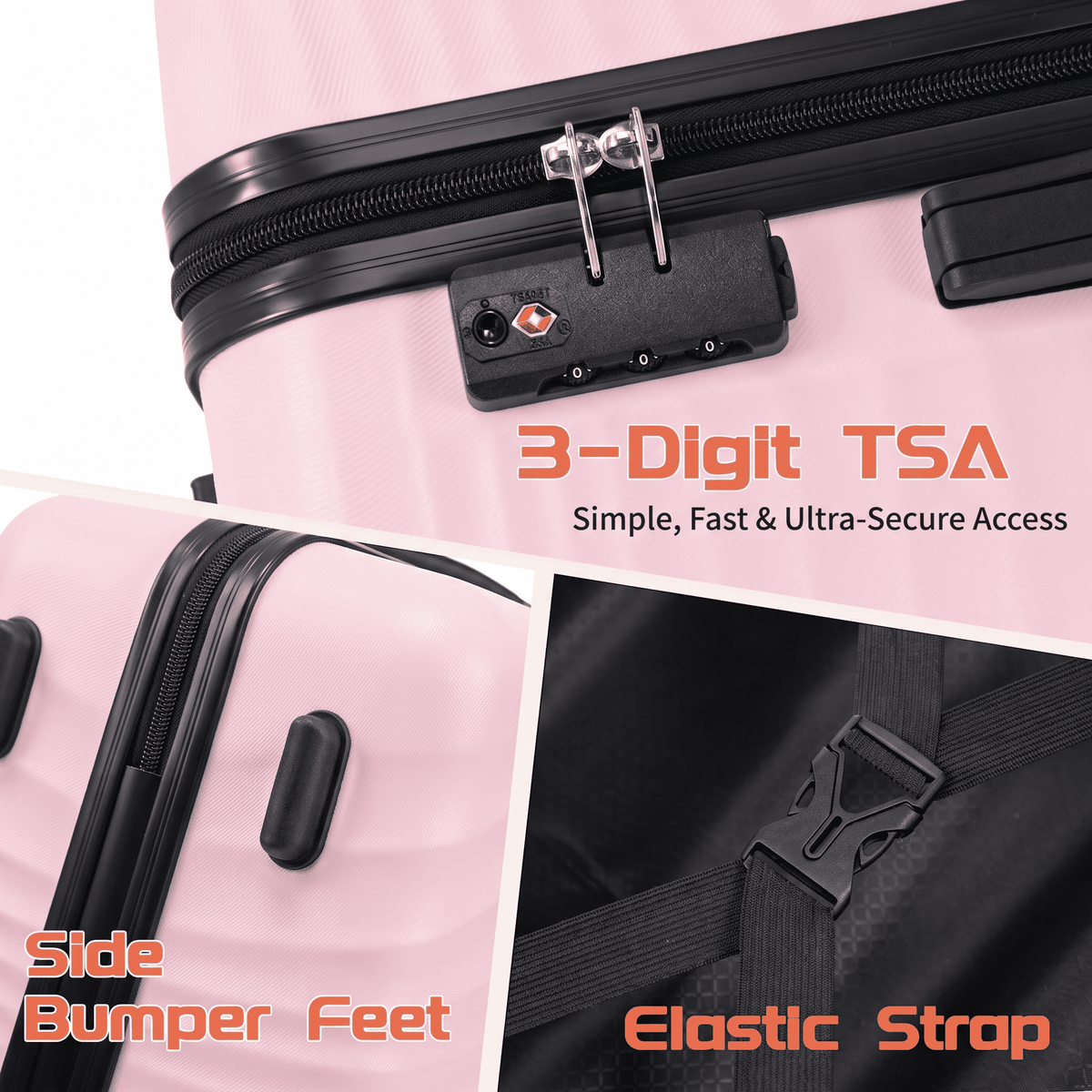 Rosamo Luggage Sets 3 Piece, HardsideTravel Suitcase with Spinner Wheels 20/24/28" , Carry on Luggage with TSA Lock(Pink)
