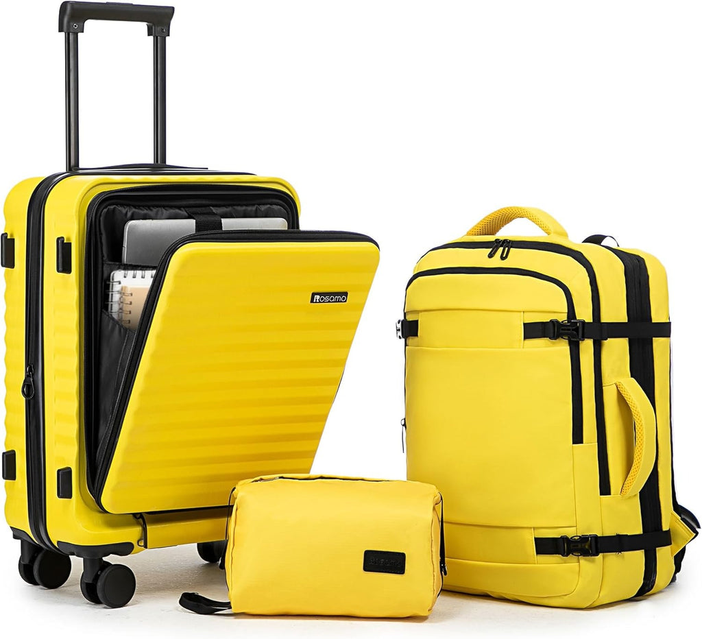 Rosamo 3-Piece Luggage Set, 20" Front Open Carry-on Hardside Suitcase with Spinner Wheels, Travel Backpack & Toiletry Bag,Expandable Luggage for Business & Trips,Yellow