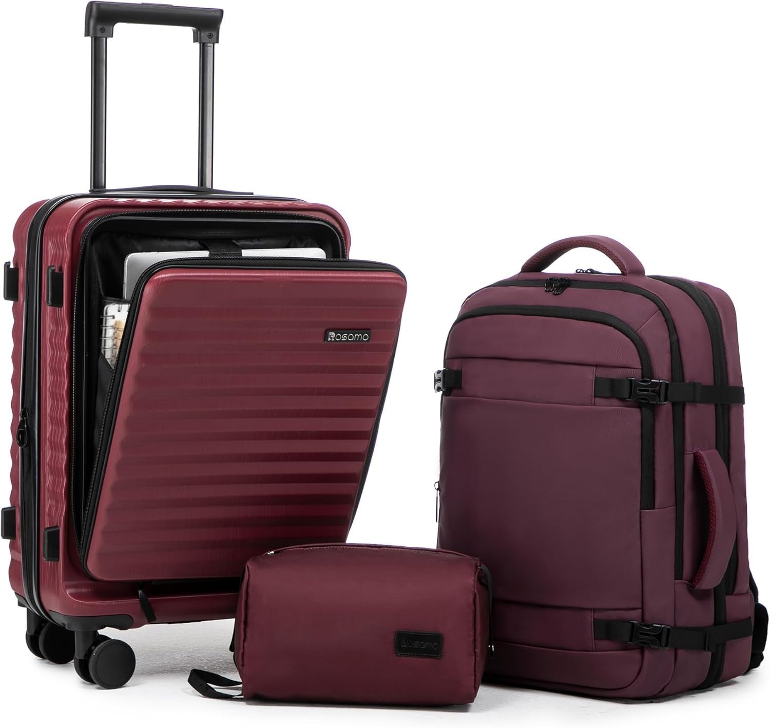 Rosamo 3-Piece Luggage Set, 20" Front Open Carry-on Hardside Suitcase with Spinner Wheels, Travel Backpack & Toiletry Bag,Expandable Luggage for Business & Trips,Red