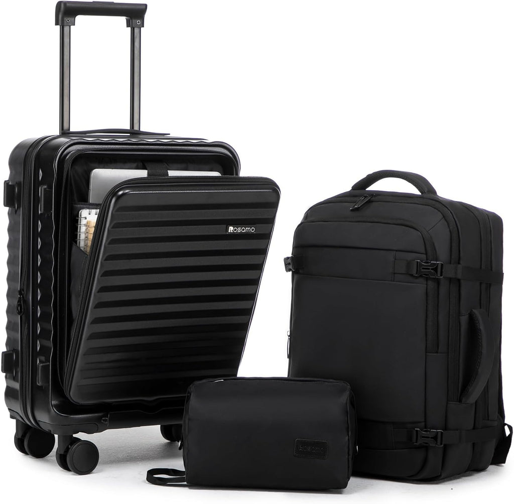 Rosamo 3-Piece Luggage Set, 20" Front Open Carry-on Hardside Suitcase with Spinner Wheels, Travel Backpack & Toiletry Bag,Expandable Luggage for Business & Trips,Black