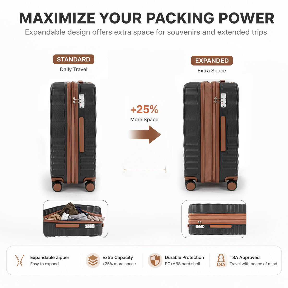 Rosamo 6 Piece Hardshell Luggage Set, Lightweight Expandable Suitcases with Spinner Wheels, TSA Lock, Durable ABS Luggage Sets for Travel,Black