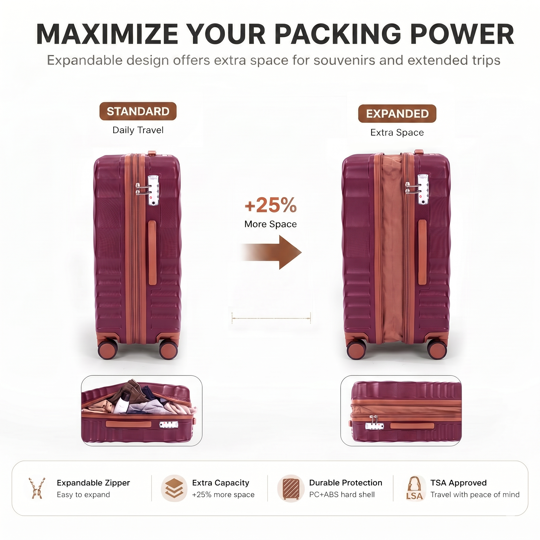 Rosamo 5 Piece 20/24/28 Inch Hardside Luggage Set, Expandable Suitcase with Spinner Wheels & TSA Lock, Carry on Luggage Set with Travel Bags