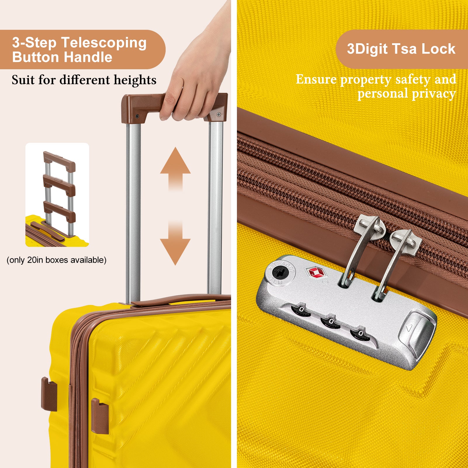 Rosamo 3-Piece 20 inch Hardside Luggage Set, Carry on Suitcase with Spinner Wheels & TSA Lock, Travel Backpack with USB & Type-C Charging Port, Toiletry Bag, Yellow
