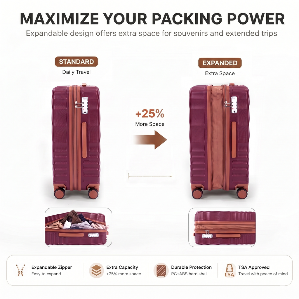Rosamo 3-Piece 20 inch Hardside Luggage Set, Carry on Suitcase with Spinner Wheels & TSA Lock, Travel Backpack with USB & Type-C Charging Port, Toiletry Bag, Red