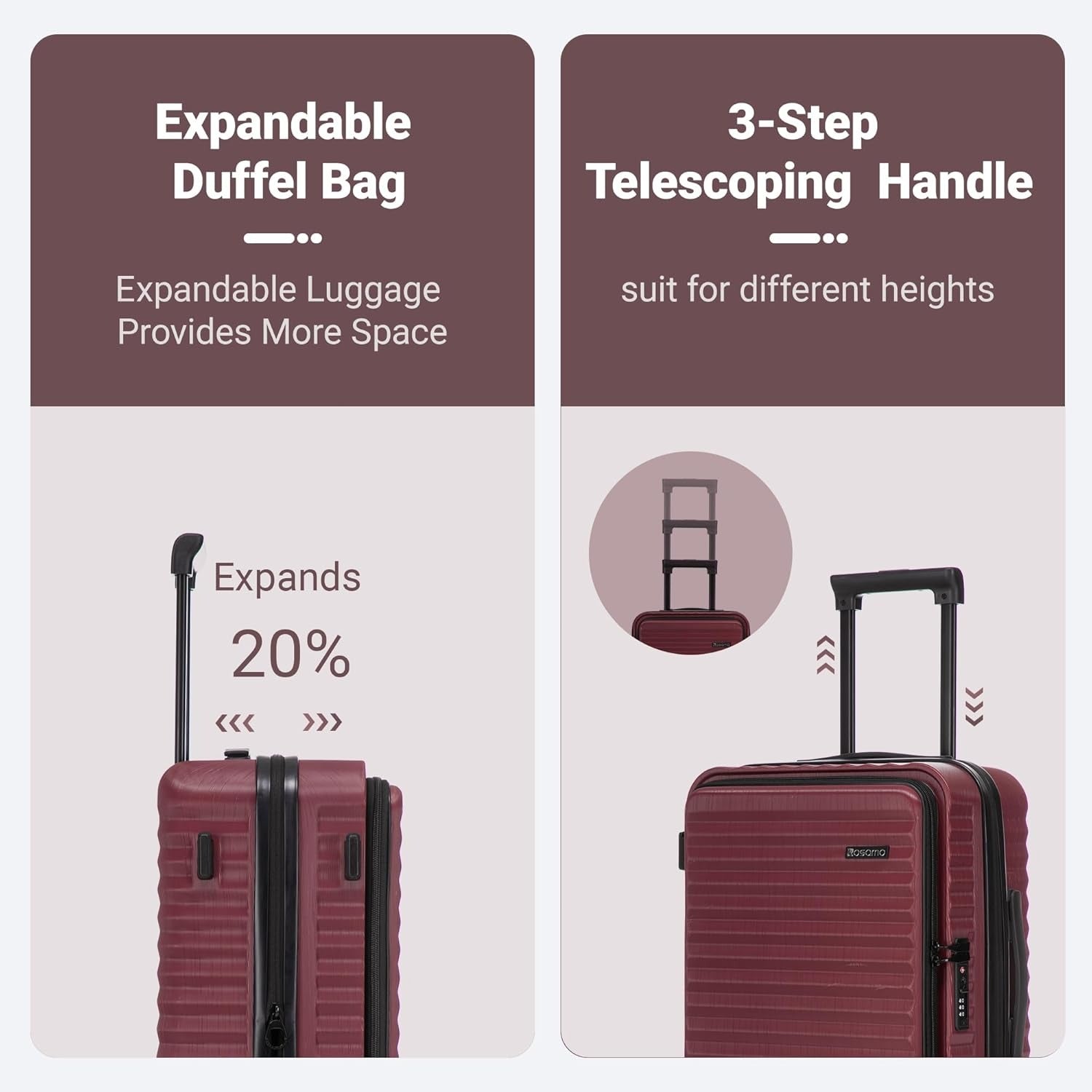 Rosamo 3-Piece Luggage Set, 20" Front Open Carry-on Hardside Suitcase with Spinner Wheels, Travel Backpack & Toiletry Bag,Expandable Luggage for Business & Trips,Red