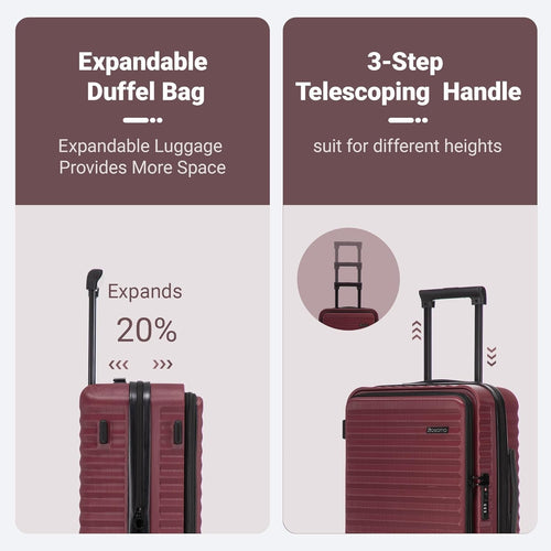 Rosamo 3-Piece Luggage Set, 20" Front Open Carry-on Hardside Suitcase with Spinner Wheels, Travel Backpack & Toiletry Bag,Expandable Luggage for Business & Trips,Red