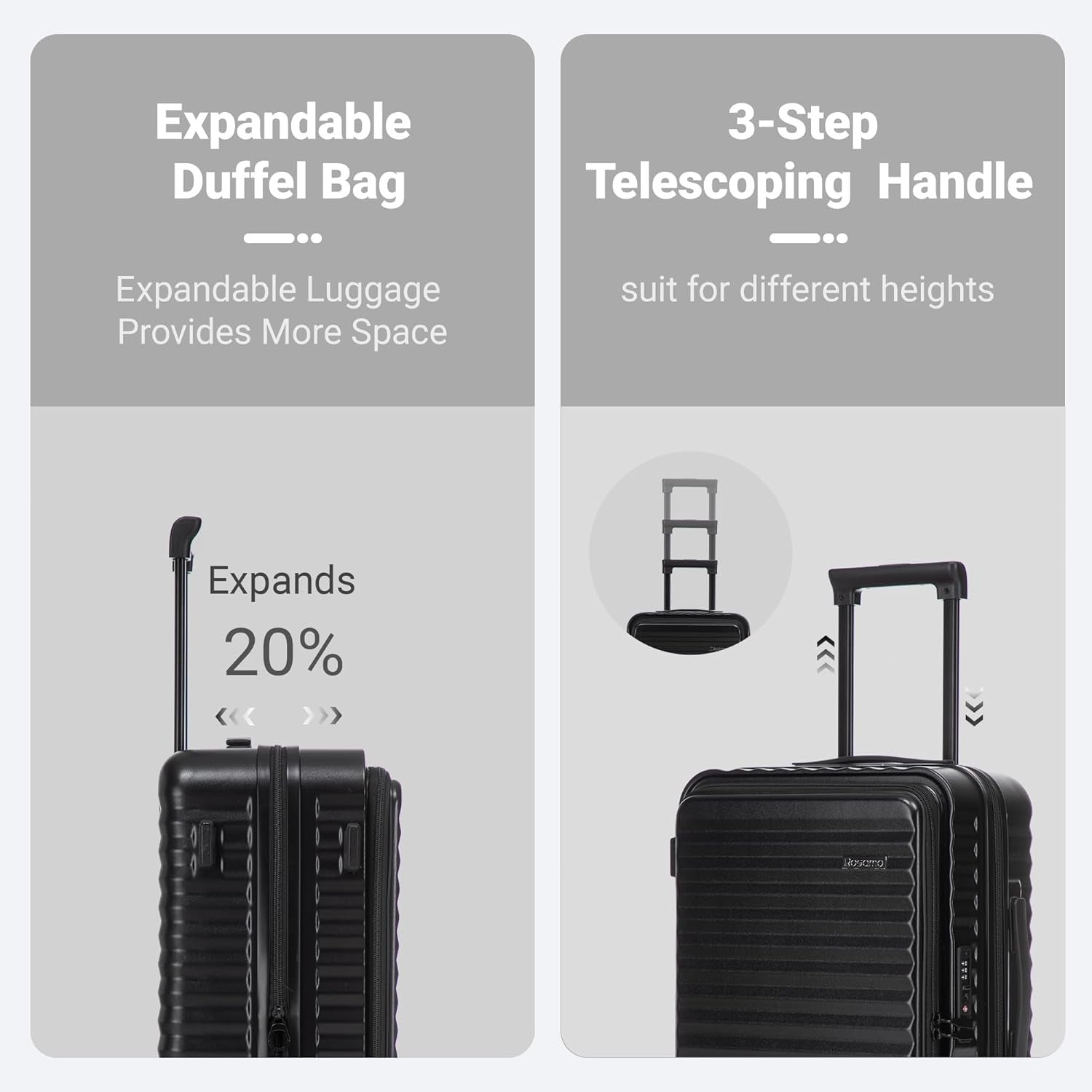 Rosamo 3-Piece Luggage Set, 20" Front Open Carry-on Hardside Suitcase with Spinner Wheels, Travel Backpack & Toiletry Bag,Expandable Luggage for Business & Trips,Black