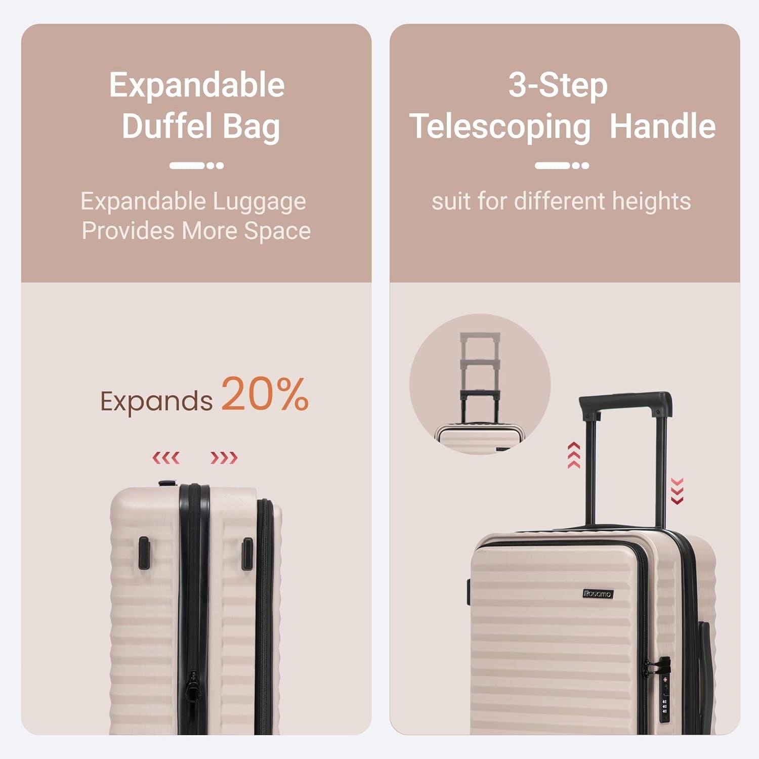 Rosamo 3-Piece Luggage Set, 20" Front Open Carry-on Hardside Suitcase with Spinner Wheels, Travel Backpack & Toiletry Bag,Expandable Luggage for Business & Trips,Beige