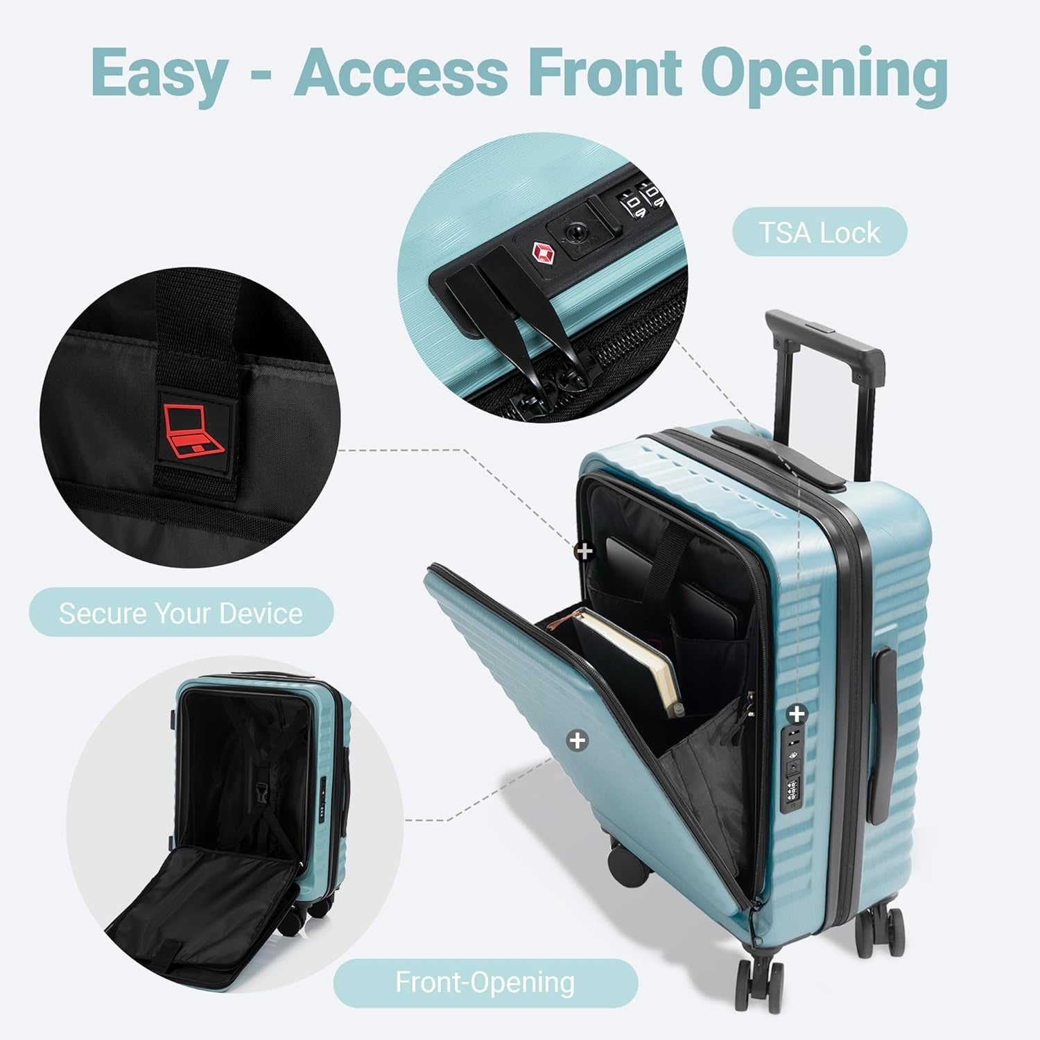 Rosamo 3-Piece Luggage Set, 20" Front Open Carry-on Hardside Suitcase with Spinner Wheels, Travel Backpack & Toiletry Bag,Expandable Luggage for Business & Trips,Tiffany Blue