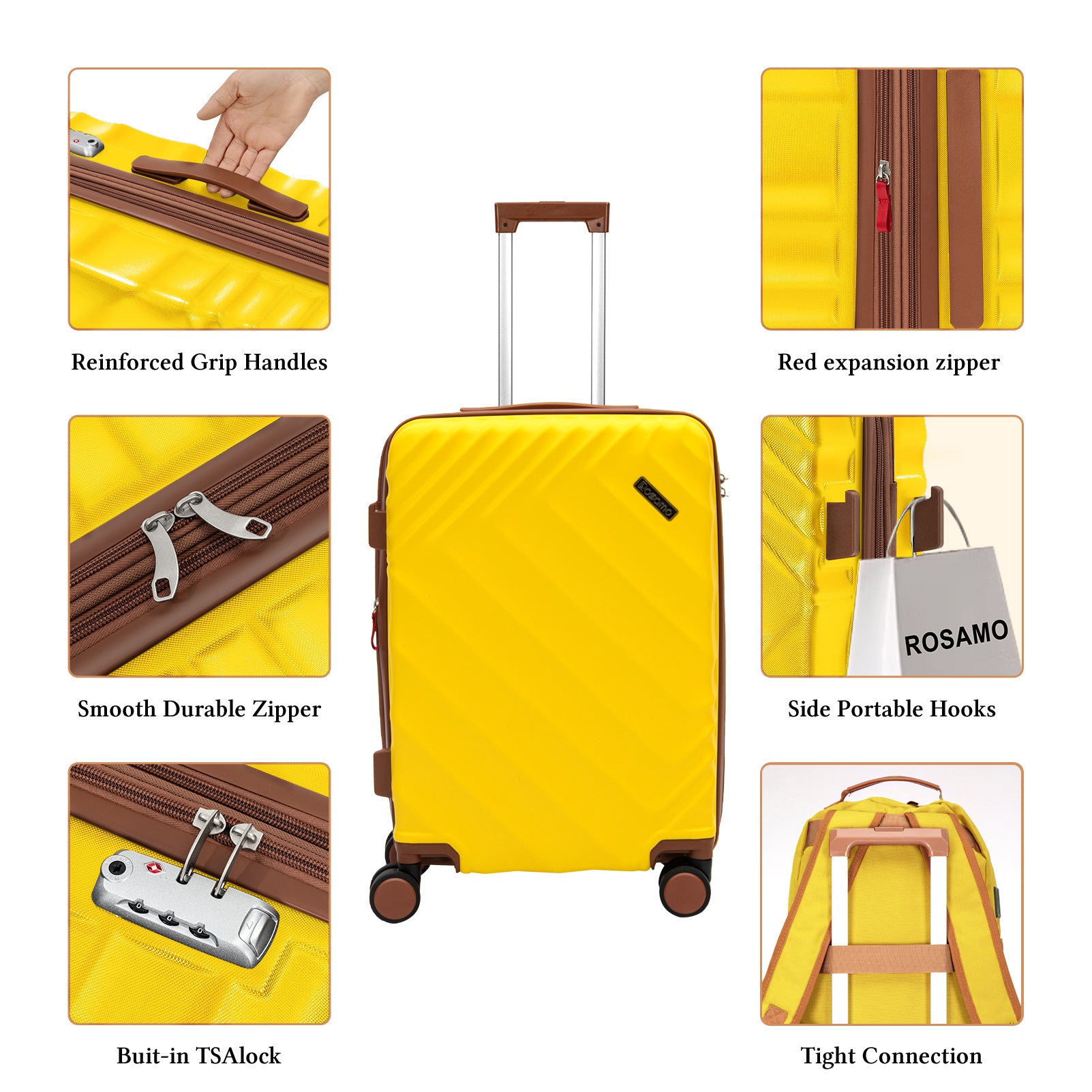 Rosamo 3-Piece 20 inch Hardside Luggage Set, Carry on Suitcase with Spinner Wheels & TSA Lock, Travel Backpack with USB & Type-C Charging Port, Toiletry Bag, Yellow