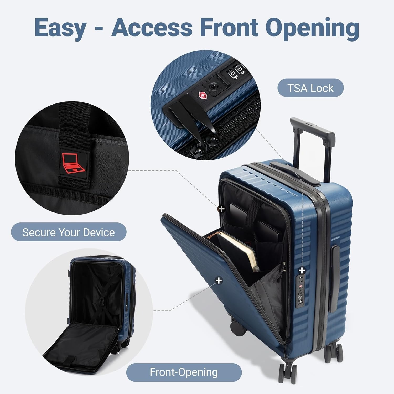 Rosamo 3-Piece Luggage Set, 20" Front Open Carry-on Hardside Suitcase with Spinner Wheels, Travel Backpack & Toiletry Bag,Expandable Luggage for Business & Trips,DarkBlue