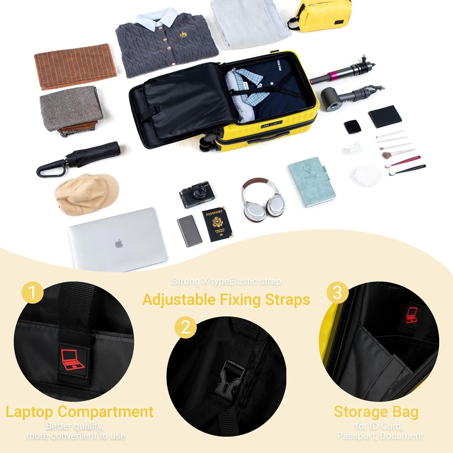 Rosamo 3-Piece Luggage Set, 20" Front Open Carry-on Hardside Suitcase with Spinner Wheels, Travel Backpack & Toiletry Bag,Expandable Luggage for Business & Trips,Yellow