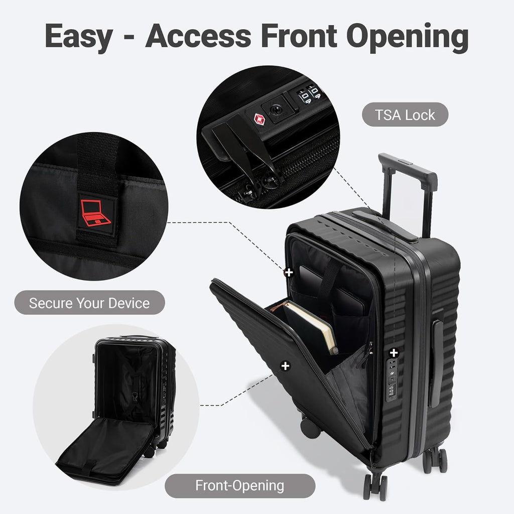 Rosamo 3-Piece Luggage Set, 20" Front Open Carry-on Hardside Suitcase with Spinner Wheels, Travel Backpack & Toiletry Bag,Expandable Luggage for Business & Trips,Black