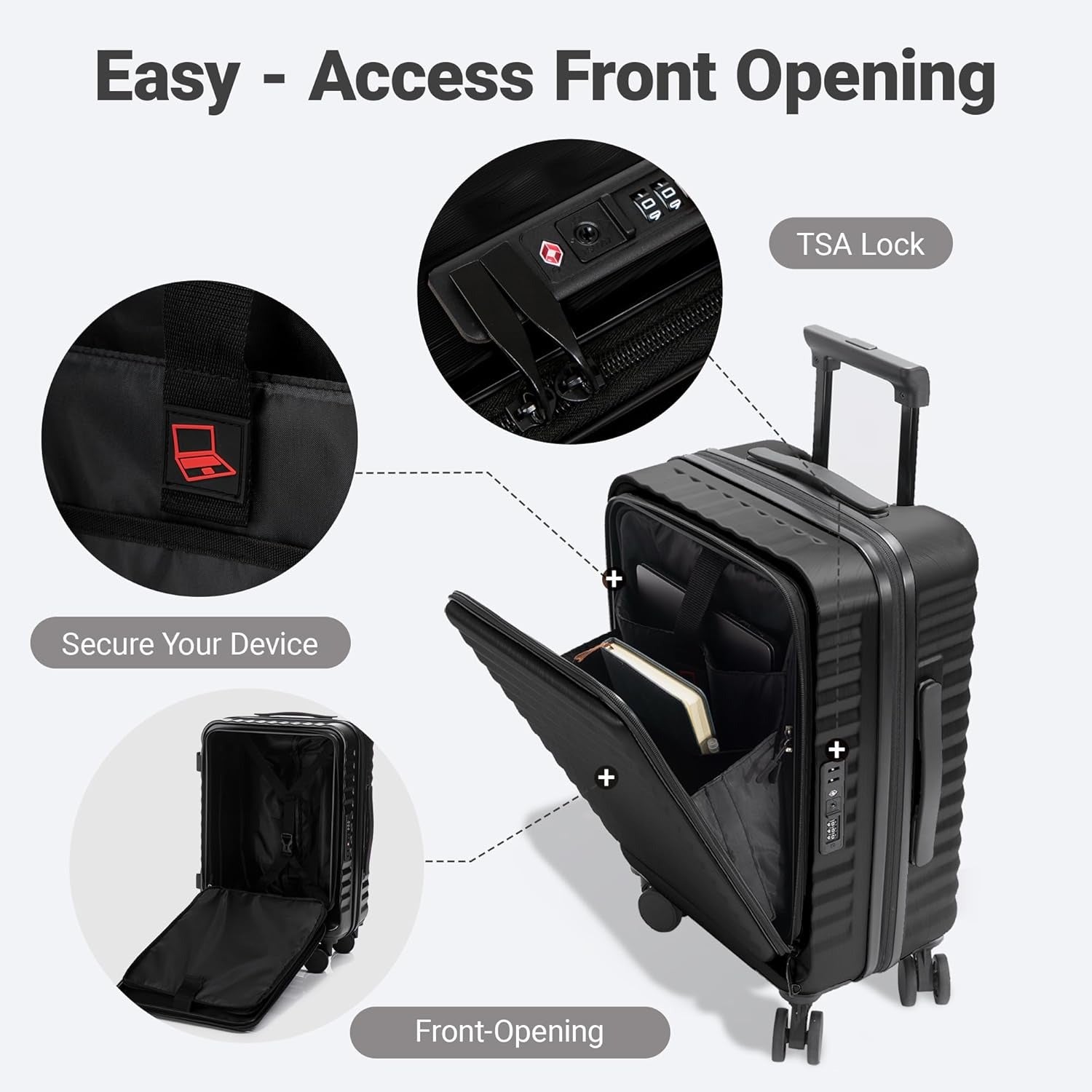Rosamo 3-Piece Luggage Set, 20" Front Open Carry-on Hardside Suitcase with Spinner Wheels, Travel Backpack & Toiletry Bag,Expandable Luggage for Business & Trips,Black