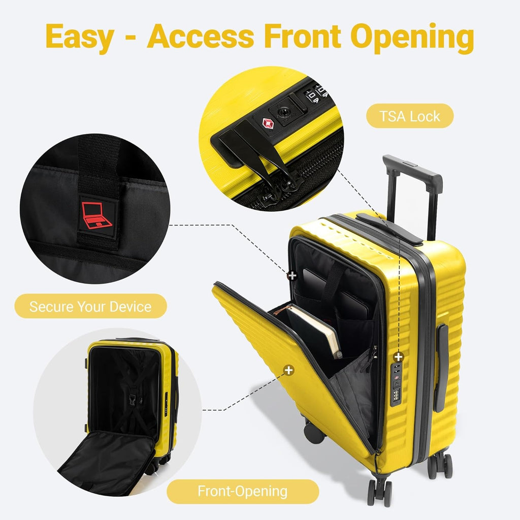 Rosamo 3-Piece Luggage Set, 20" Front Open Carry-on Hardside Suitcase with Spinner Wheels, Travel Backpack & Toiletry Bag,Expandable Luggage for Business & Trips,Yellow