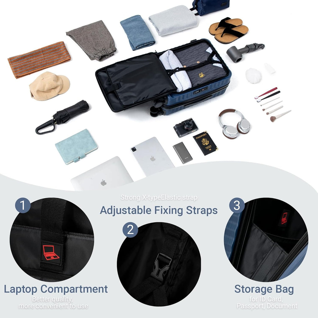 Rosamo 3-Piece Luggage Set, 20" Front Open Carry-on Hardside Suitcase with Spinner Wheels, Travel Backpack & Toiletry Bag,Expandable Luggage for Business & Trips,DarkBlue