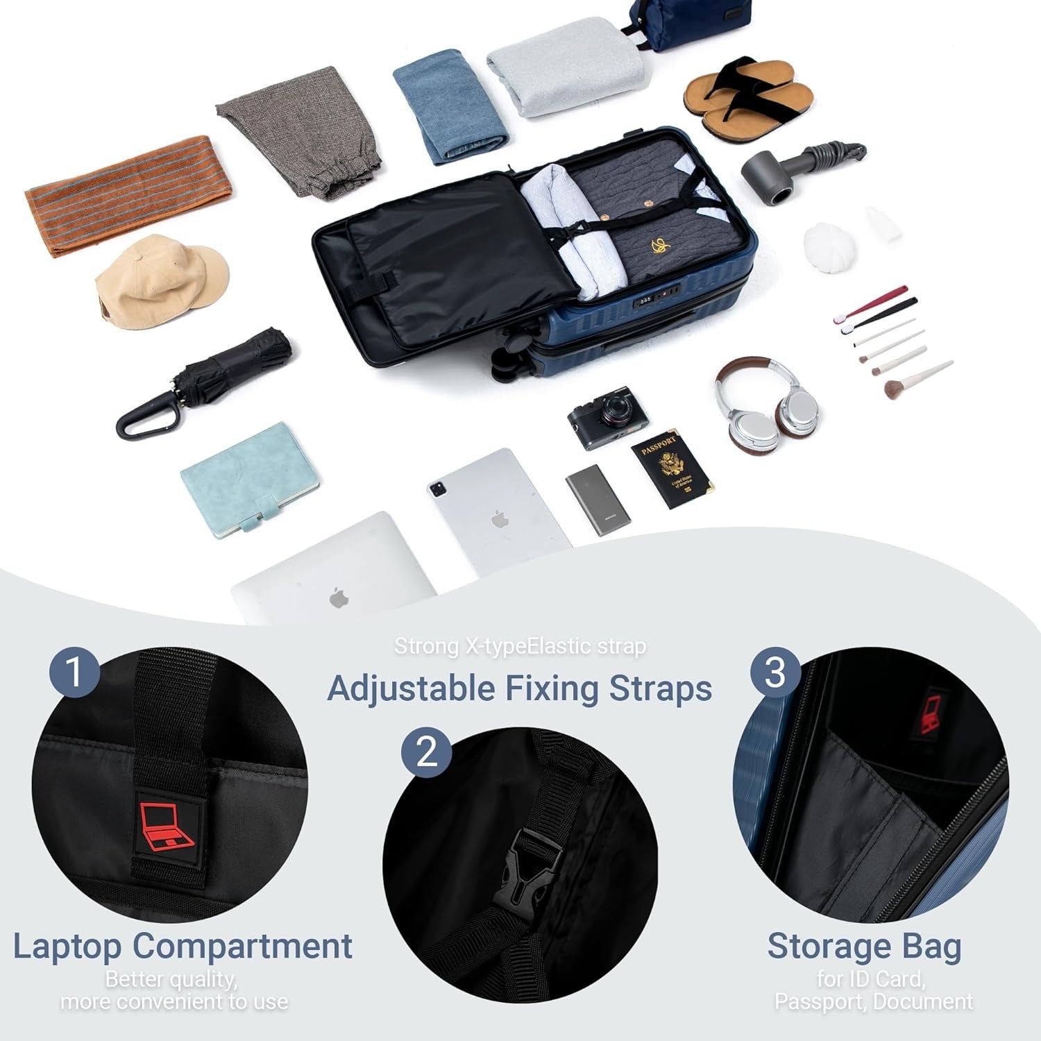 Rosamo 3-Piece Luggage Set, 20" Front Open Carry-on Hardside Suitcase with Spinner Wheels, Travel Backpack & Toiletry Bag,Expandable Luggage for Business & Trips,DarkBlue