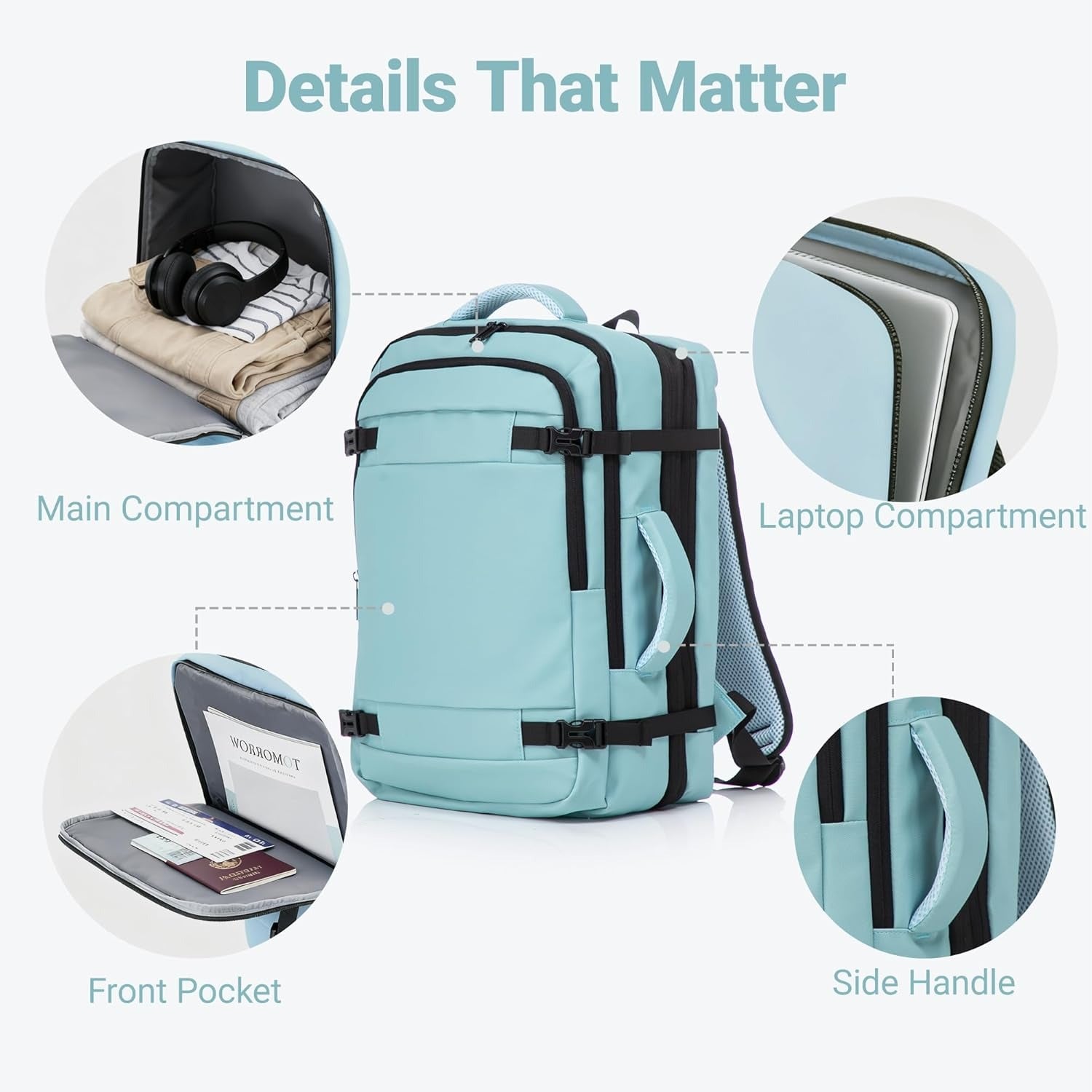 Rosamo 3-Piece Luggage Set, 20" Front Open Carry-on Hardside Suitcase with Spinner Wheels, Travel Backpack & Toiletry Bag,Expandable Luggage for Business & Trips,Tiffany Blue