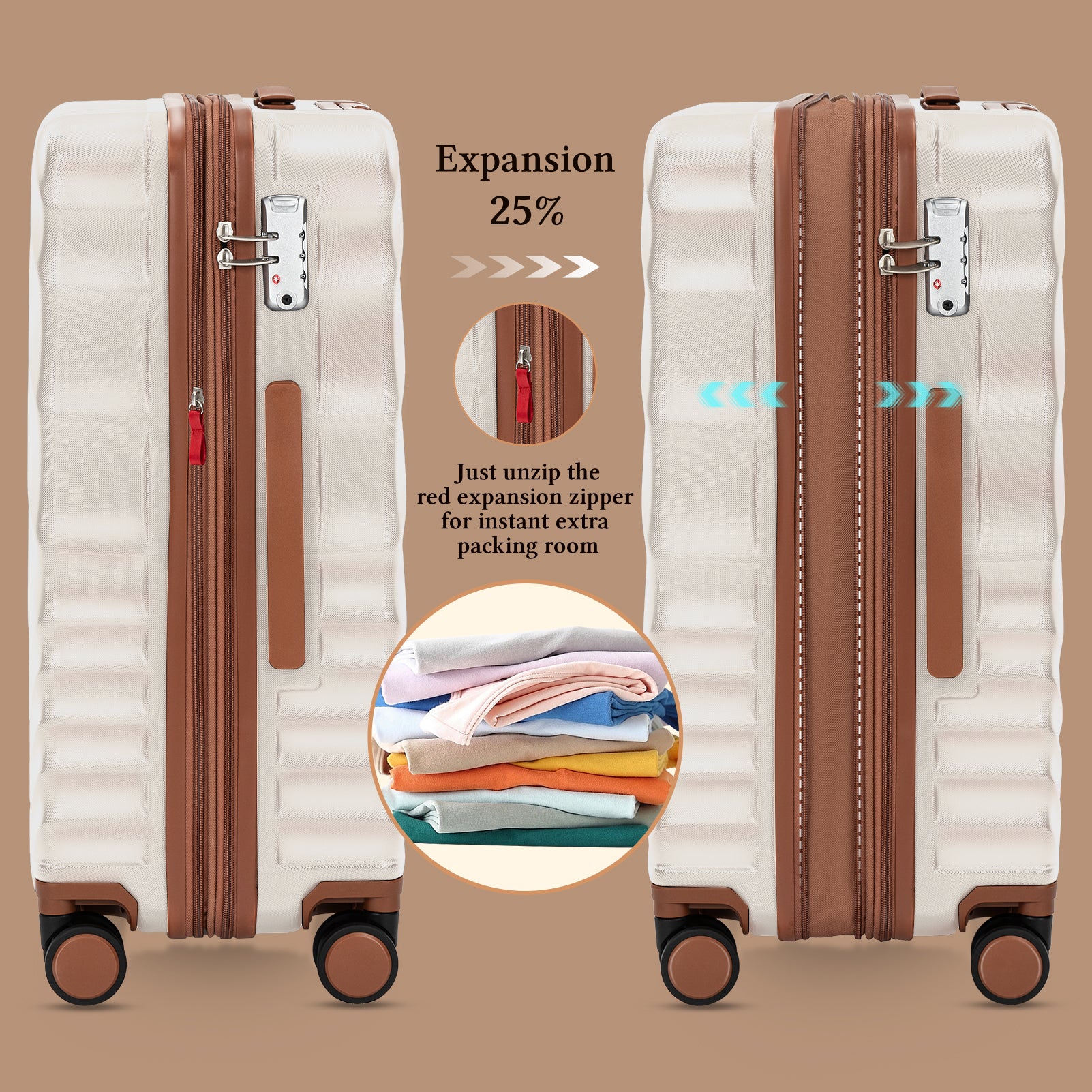 Rosamo 6 Piece Hardshell Luggage Set, Lightweight Expandable Suitcases with Spinner Wheels, TSA Lock, Durable ABSLuggage Sets for Travel；Beige