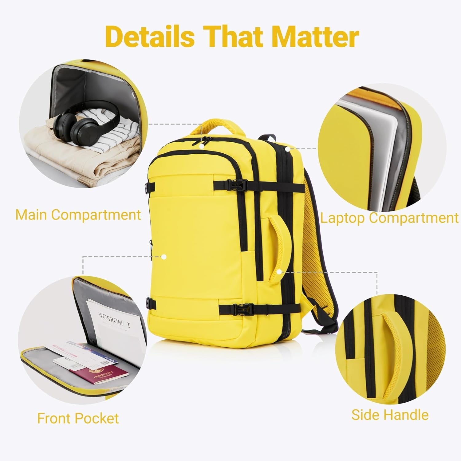 Rosamo 3-Piece Luggage Set, 20" Front Open Carry-on Hardside Suitcase with Spinner Wheels, Travel Backpack & Toiletry Bag,Expandable Luggage for Business & Trips,Yellow