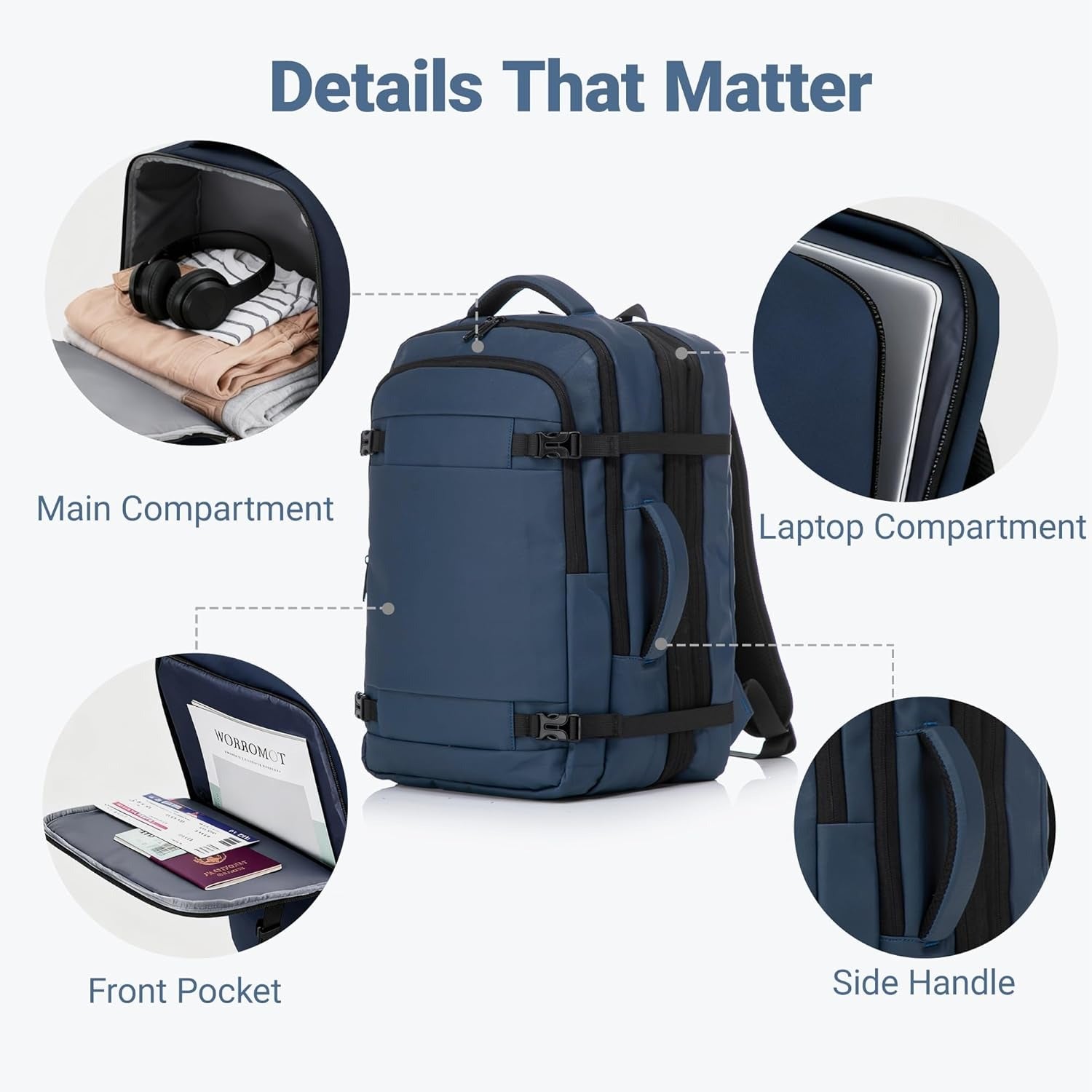 Rosamo 3-Piece Luggage Set, 20" Front Open Carry-on Hardside Suitcase with Spinner Wheels, Travel Backpack & Toiletry Bag,Expandable Luggage for Business & Trips,DarkBlue