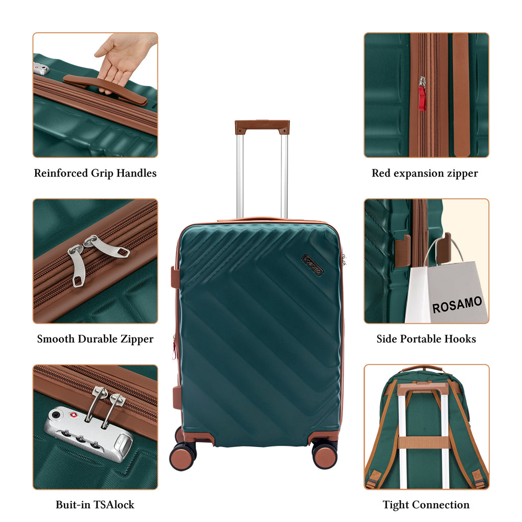 Rosamo 3-Piece 20 inch Hardside Luggage Set, Carry on Suitcase with Spinner Wheels & TSA Lock, Travel Backpack with USB & Type-C Charging Port, Toiletry Bag, Dark Green