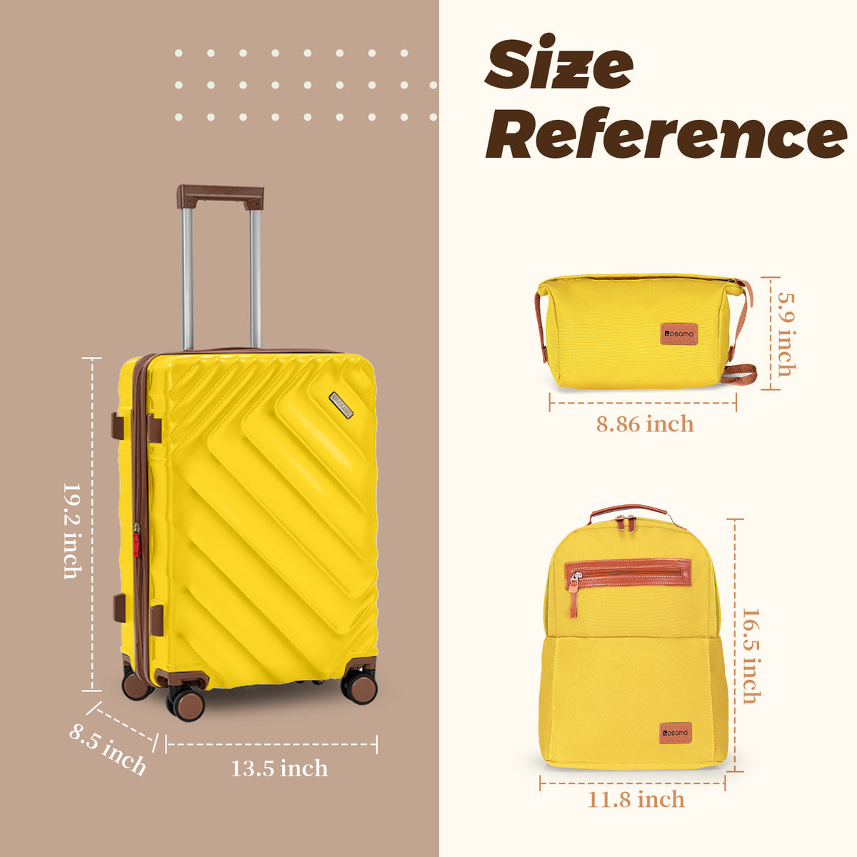 Rosamo 3-Piece 20 inch Carry on Luggage Set, Hardside Suitcase with Spinner Wheels TSA Lock，Lightweight luggage for boarding airplanes, Travel Backpack, Toiletry Bag