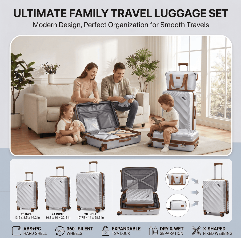 Rosamo 6 Piece Hardshell Luggage Set, Lightweight Expandable Suitcases with Spinner Wheels, TSA Lock, Durable ABS Luggage Sets for Travel,Silver