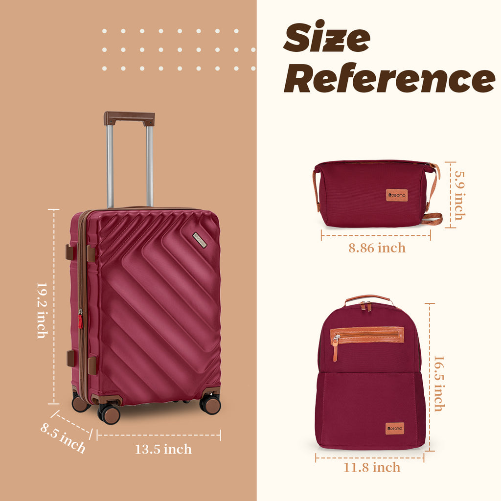 Rosamo 3-Piece 20 inch Hardside Luggage Set, Carry on Suitcase with Spinner Wheels & TSA Lock, Travel Backpack with USB & Type-C Charging Port, Toiletry Bag, Red