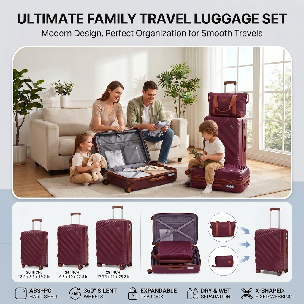 Rosamo 5 Piece 20/24/28 Inch Hardside Luggage Set, Expandable Suitcase with Spinner Wheels & TSA Lock, Carry on Luggage Set with Travel Bags
