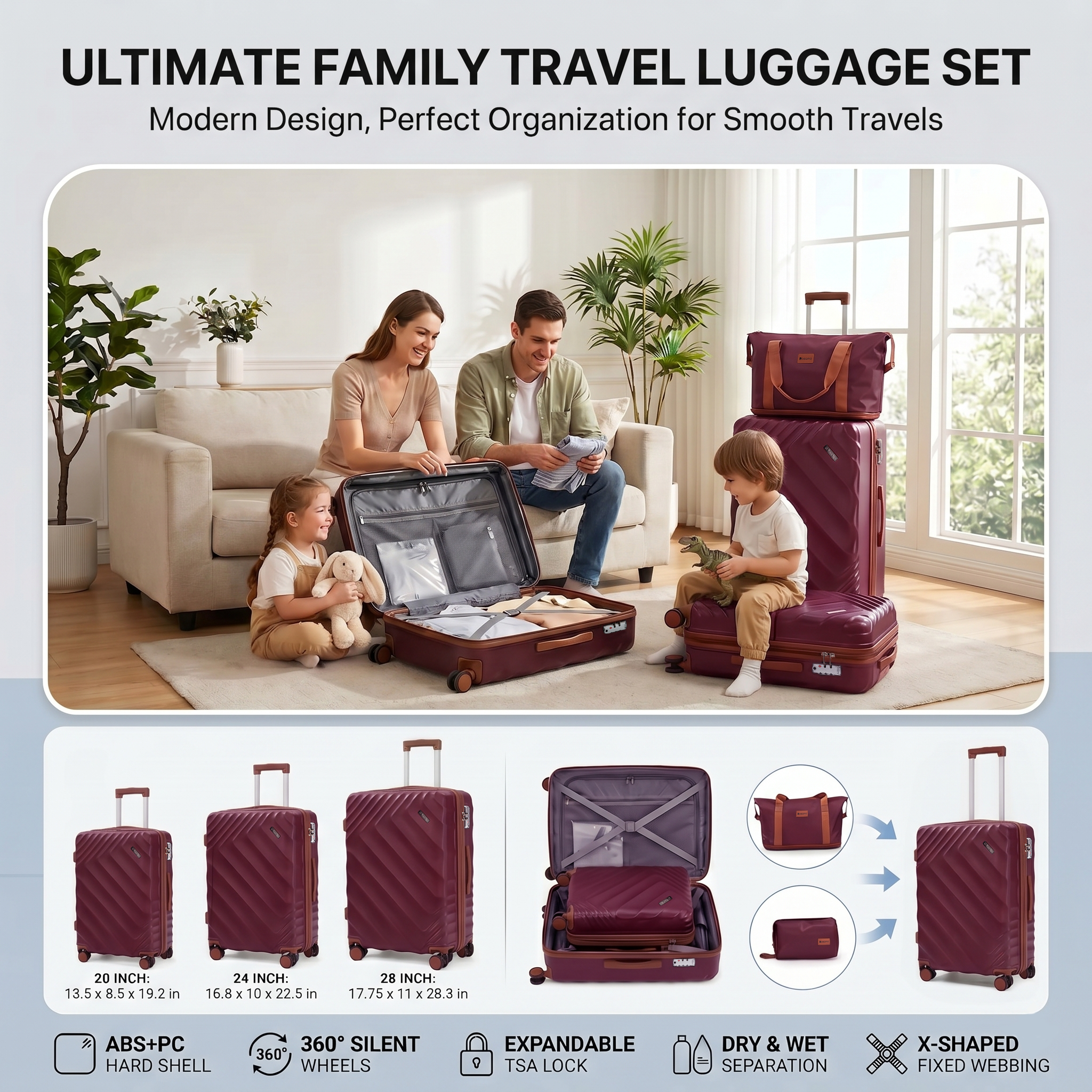 Rosamo 5 Piece 20/24/28 Inch Hardside Luggage Set, Expandable Suitcase with Spinner Wheels & TSA Lock, Carry on Luggage Set with Travel Bags