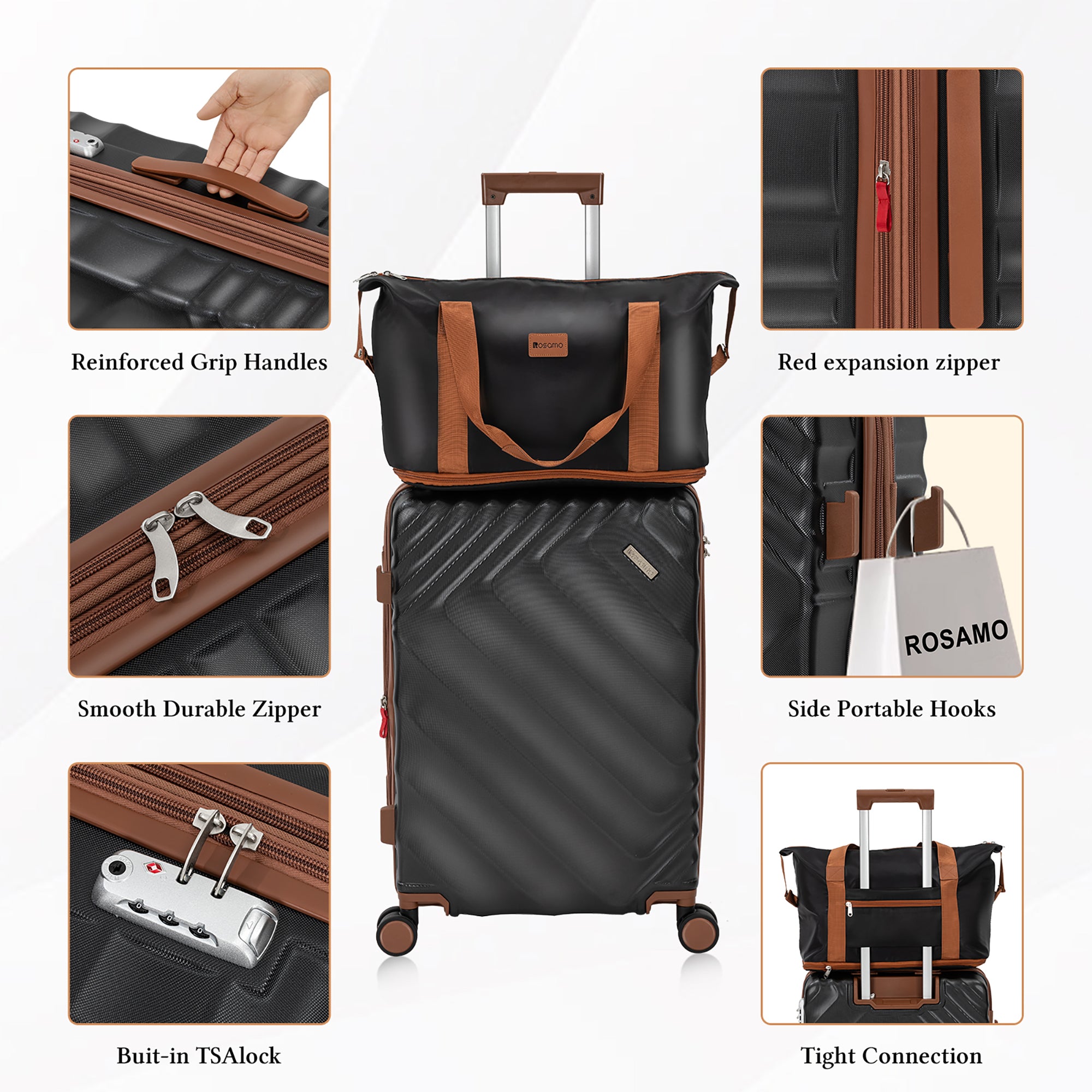 Rosamo 5 Piece 20/24/28 Inch Hardside Luggage Set, Expandable Suitcase with Spinner Wheels & TSA Lock, Carry on Luggage Set with Travel Bags