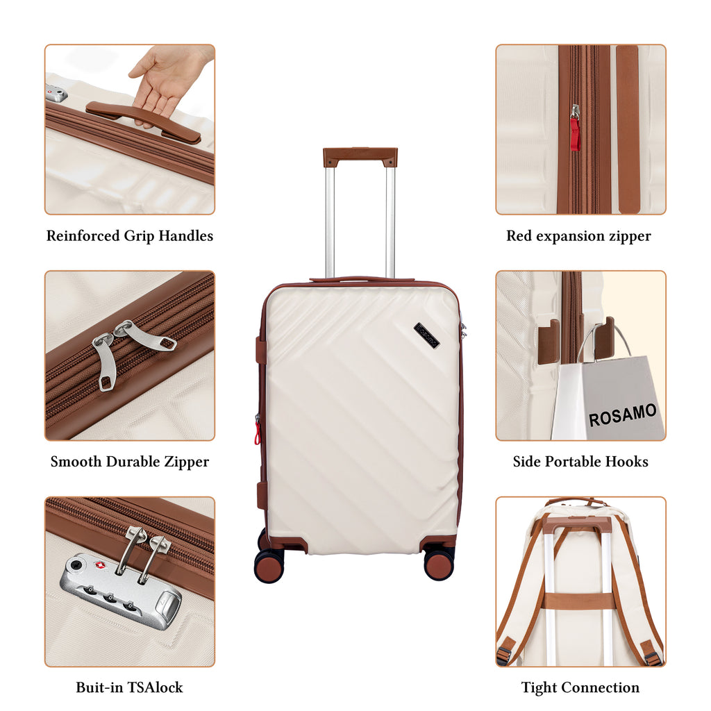Rosamo 3-Piece 20 inch Hardside Luggage Set, Carry on Suitcase with Spinner Wheels & TSA Lock, Travel Backpack with USB & Type-C Charging Port, Toiletry Bag, Beige