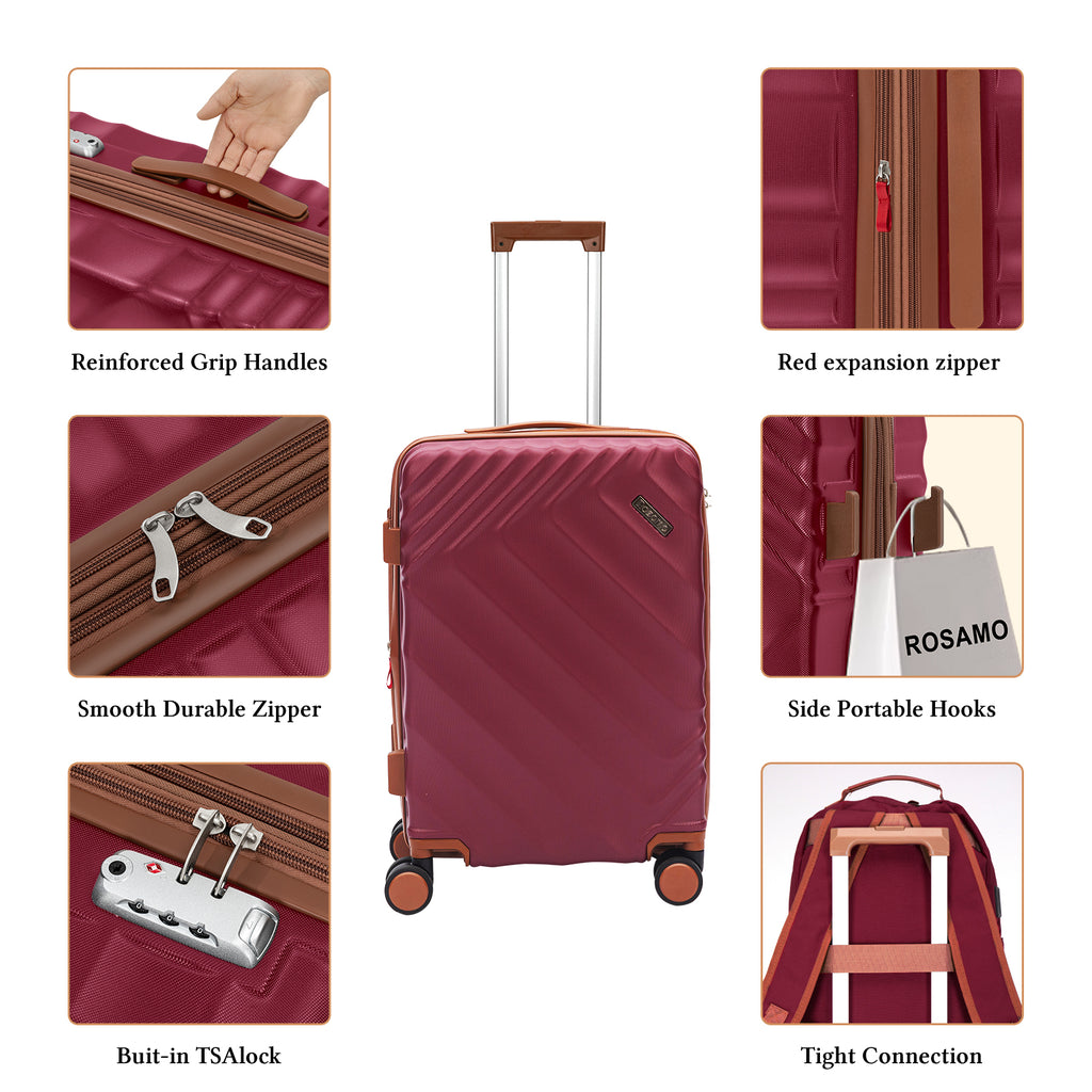 Rosamo 3-Piece 20 inch Hardside Luggage Set, Carry on Suitcase with Spinner Wheels & TSA Lock, Travel Backpack with USB & Type-C Charging Port, Toiletry Bag, Red