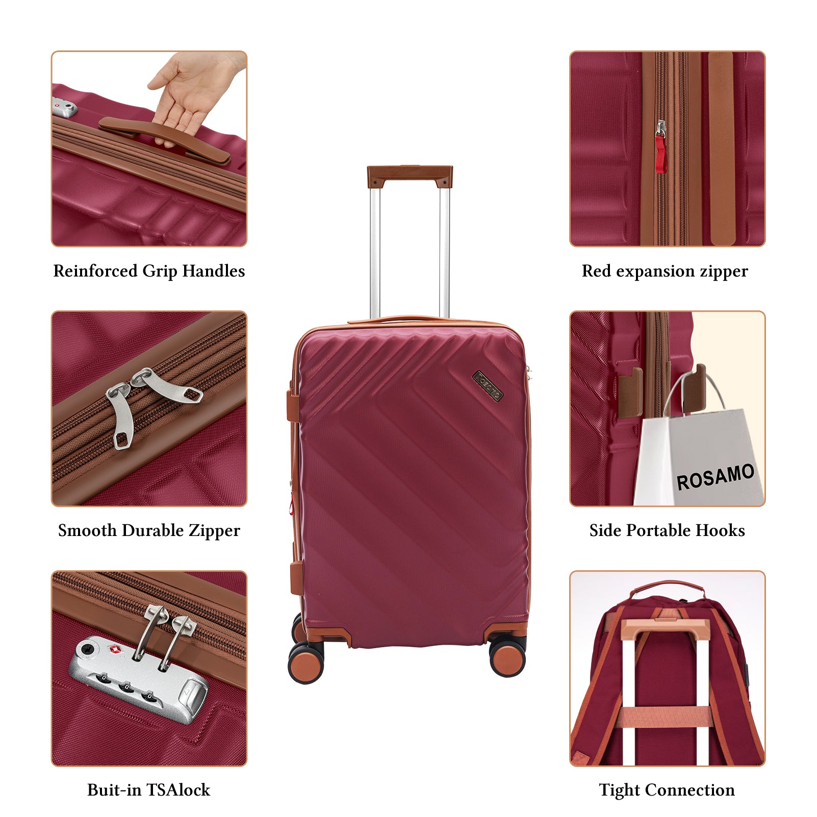 Rosamo 3-Piece 20 inch Hardside Luggage Set, Carry on Suitcase with Spinner Wheels & TSA Lock, Travel Backpack with USB & Type-C Charging Port, Toiletry Bag, Red